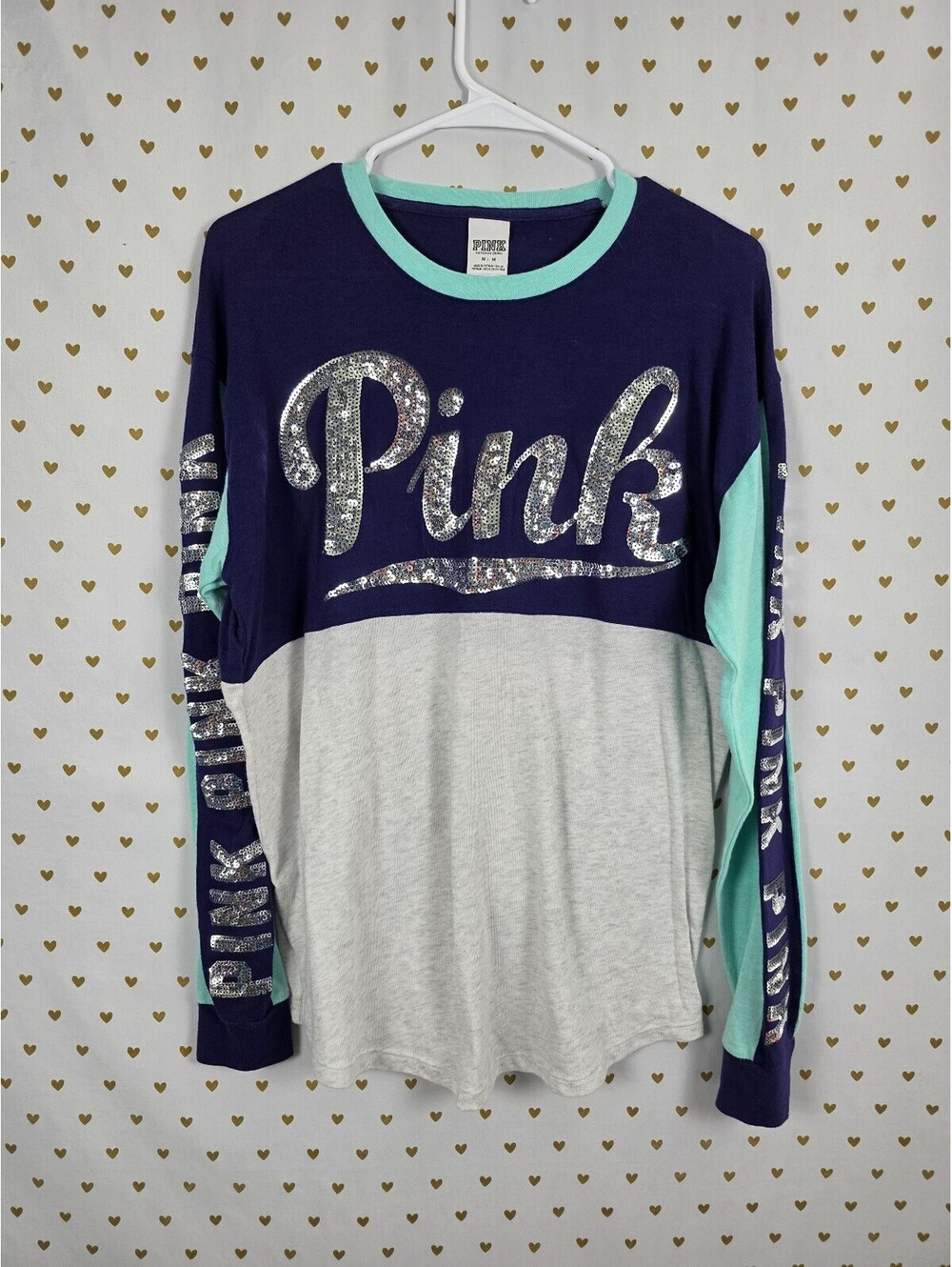 Victorias Secret PINK Long Sleeve Logo Bling Silver Sequined Tee shirt Medium
